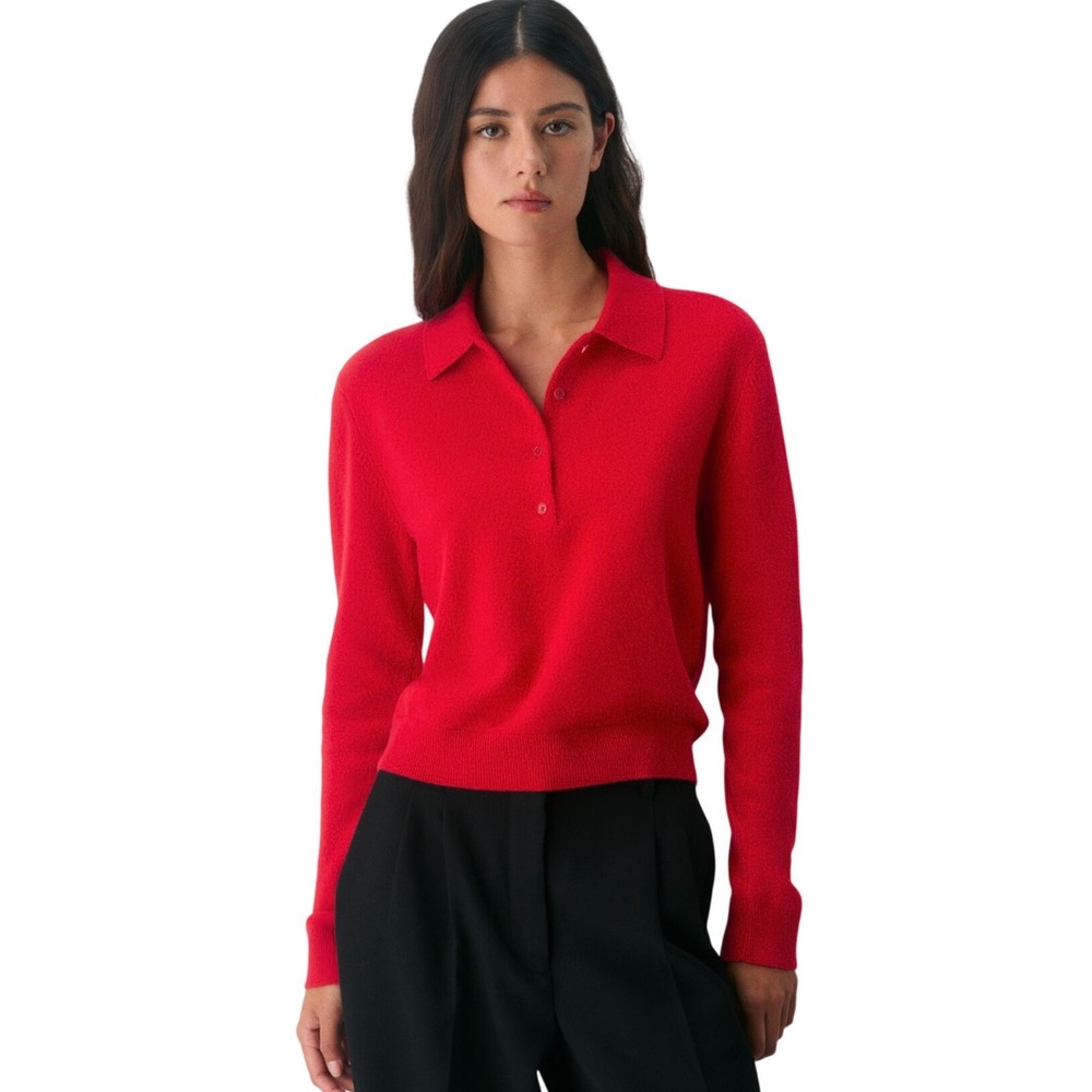Aritzia Bare Cashmere Cellini Polo Sweater Red Size S 100% Cashmere Preppy